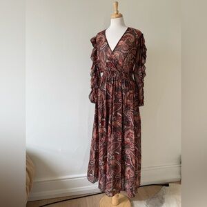 Beautiful Kate + Lily paisley midi dress in rich burgundy, rust, and black tones